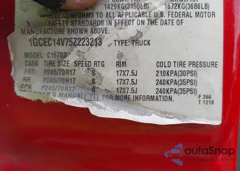 2005 Chevrolet Silverado 1500 Ls from USA, damaged, VIN 1GCEC14V75Z223213